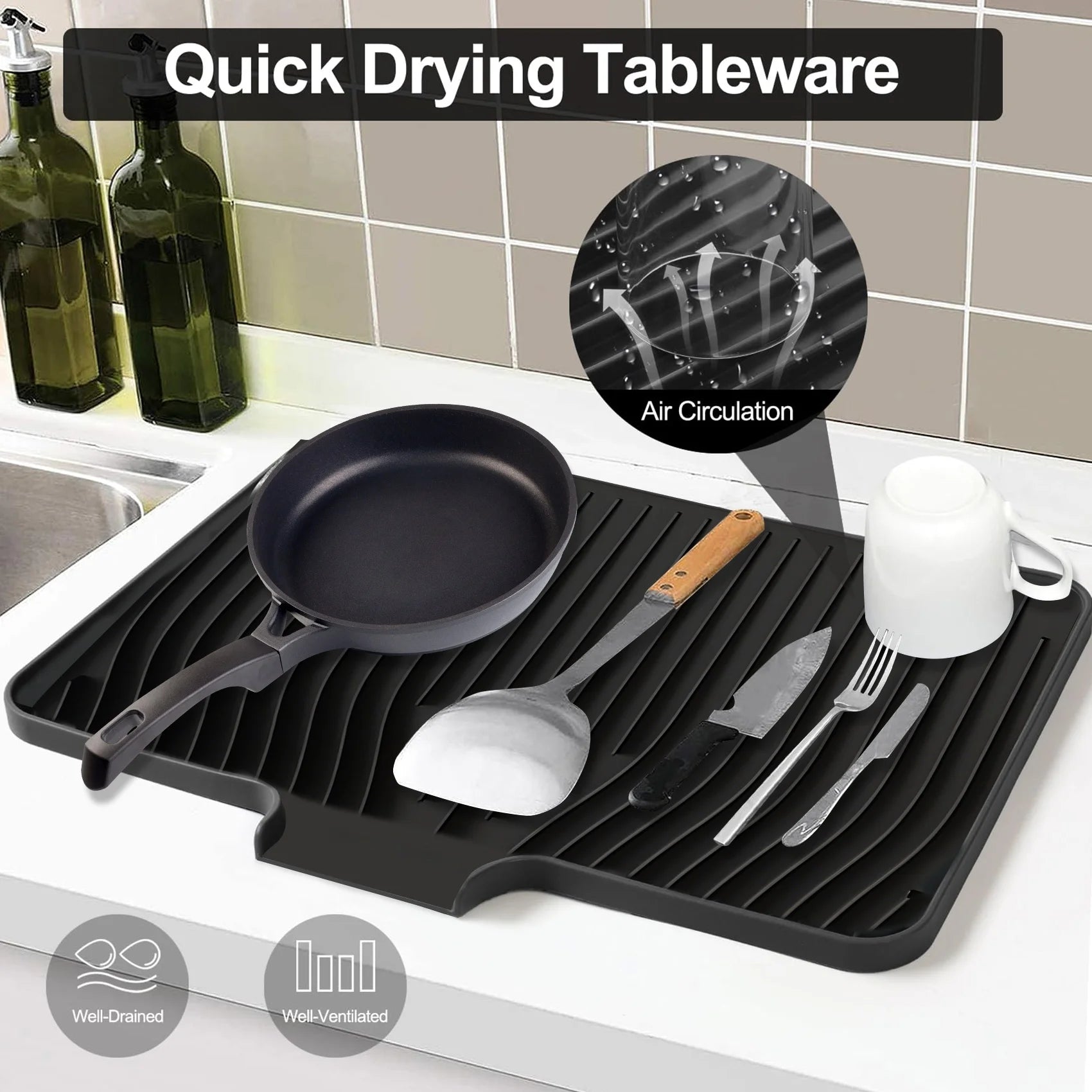 Revolutionary Silicone Dish Drying Mat with Drain Lip – Extra Large 18.9"X13.8" for Effortless Kitchen Cleanup, Hygienic and Easy to Store